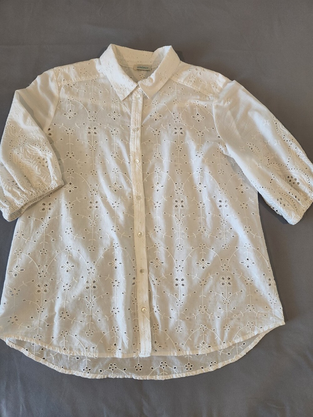 Sundance White Eyelet Short Sleeve Button Up Blouse Cotton Boho Coastal